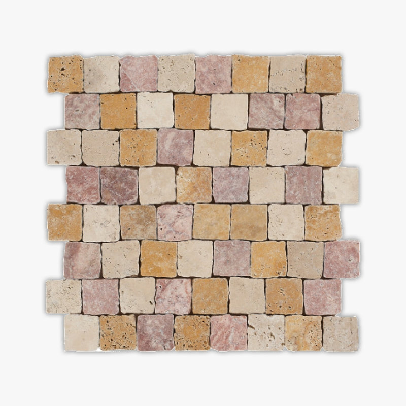 Ivory, Yellow, Red Tumbled Salzburg Blend Travertine Mosaic, Multi-Color