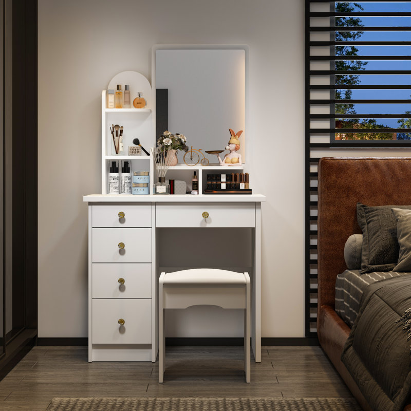 Modern Vanity Desk With Mirror, 5 Drawers, Shelves And Matching Stool, Makeup Dressing Table, Gray
