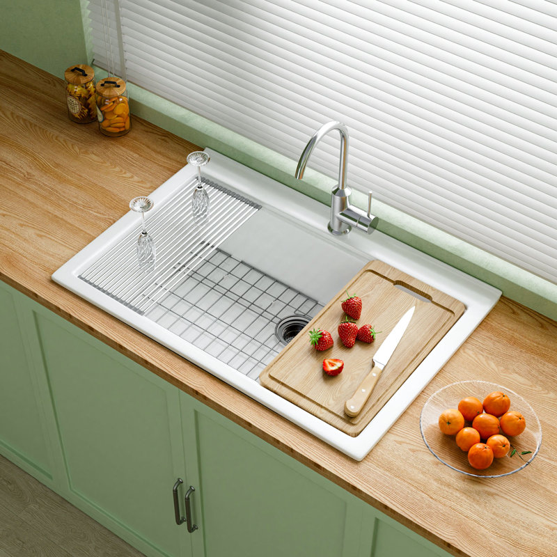 33" L x 22" W Fireclay Drop In Workstation Kitchen Sink 1 Hole, Topmount Single Bowl White for Kitchen, Included 4 Custom Accessories