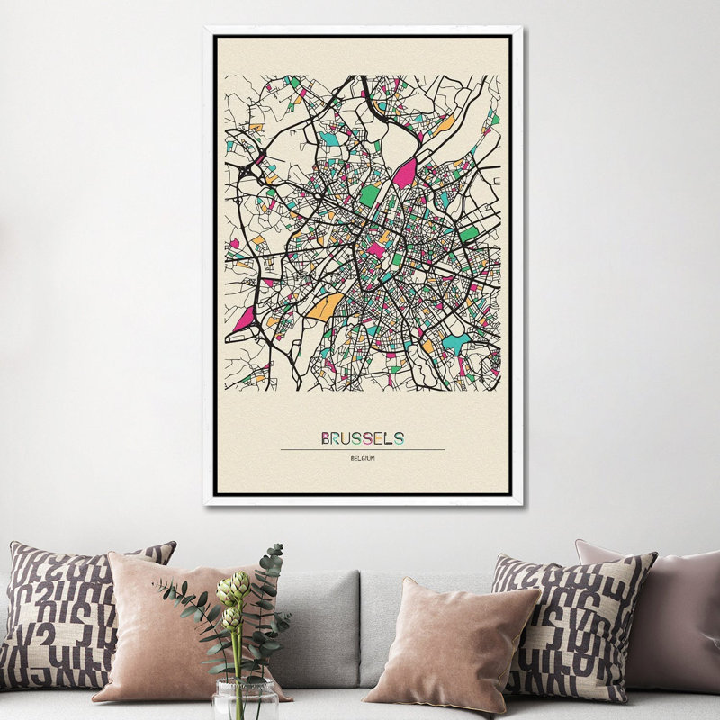 Brussels, Belgium Map by Ayse Deniz Akerman - Print on Canvas, White Floater Frame, 152.5 cm H x 101.5 cm W