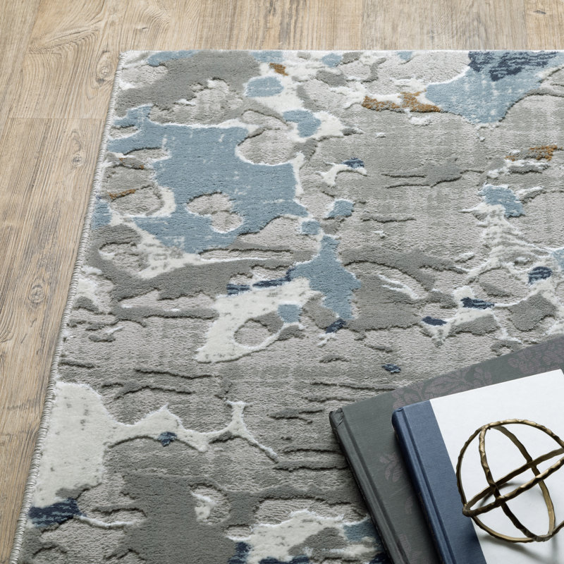 Abstract Stripes Machine Woven Area Rug in Blue and Gray, Rectangle 5'3" x 7'6"