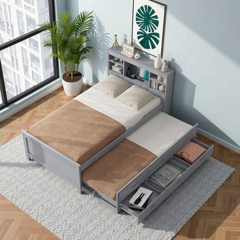 Lit plateforme gris avec rangement et tête de lit USB, lit gigogne et 3 tiroirs, Gris