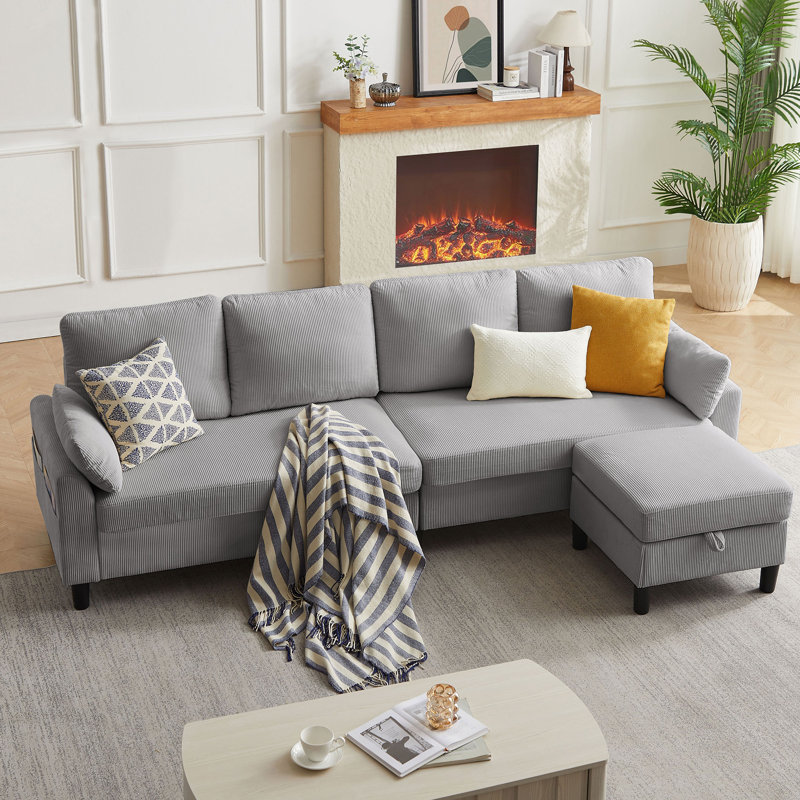 Canapé modulaire rembourré avec repose-pieds 101 po Corduroy, Velours côtelé gris clair