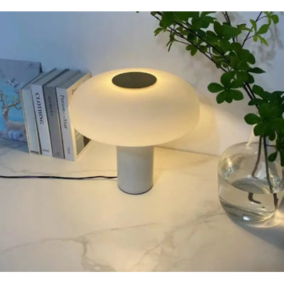  Mushroom Table Lamp With Marble Base & Frosted Glass Shade, Soft Warm Light