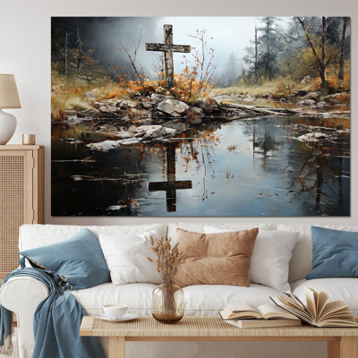Religious Cross Divine Reflection Landscape II - Spiritual Canvas Wall Art