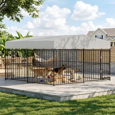 Chenil d'extérieur 10 po x 10 pi x 6 pi avec toit, enclos pour chien soudé en métal robuste avec bols rotatifs, housse imperméable à l'épreuve du soleil, doubles verrous de sécurité pour grands chiens