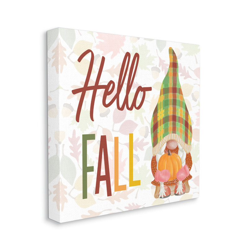 «Hello Fall Cozy Tartan Gnome» tenant une citrouille noire, estampe numérique, art texturé par Andi Metz, Toile tendue