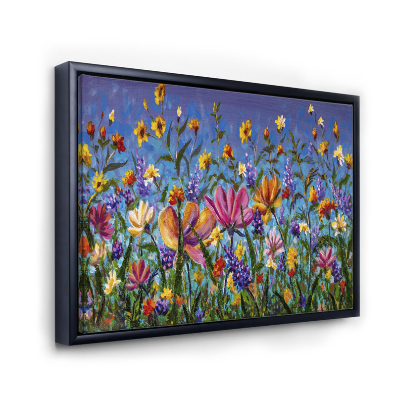 Marguerites et fleurs sauvages dans un jardin d'été I - peinture sur toile, Cadre flottant noir, H 12 po x l 20 po x p 1 po