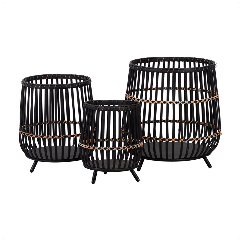 S/3 BAMBOO FOOTED PLANTERS 17/14/10", BLACK