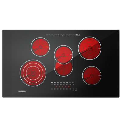 Plaque de cuisson électrique de 36 pouces avec 5 brûleurs et plaque chauffante - 9 niveaux de puissance, chauffage rapide et uniforme pour la friture / ébullition, surface en vitrocéramique, verrou de sécurité pour enfants, 220 à 240 V (sans prise)
