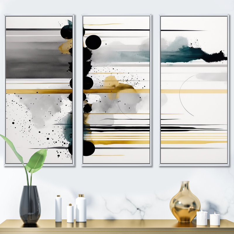 " Abstract Transitional Shapes III " 3 - Pieces, White Floater Frame, 32" H x 48" W x 1" D