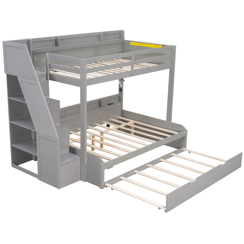 Twin Over Full Bunk Bed With Storage Staircase,  Trundle, Storage Shelves, Led And Usb, Gray
