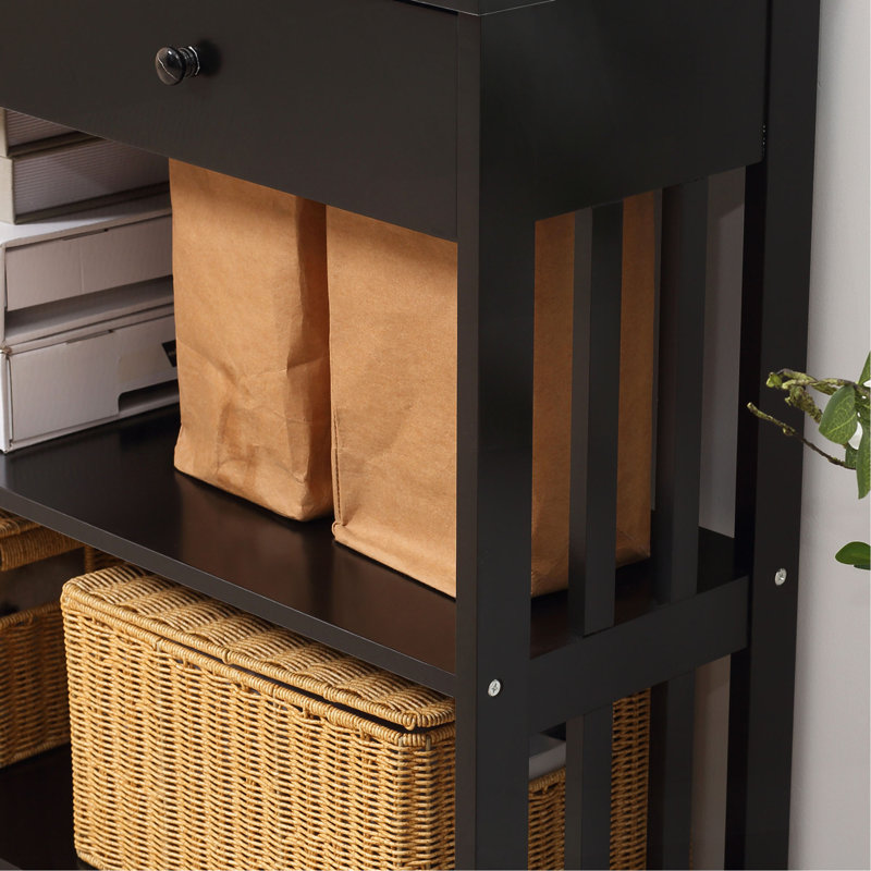 Console pour couloir, noir avec tiroir extra large et 2 tablettes, cadre de rangement à lattes en bois, couloir, décor de salon moderne