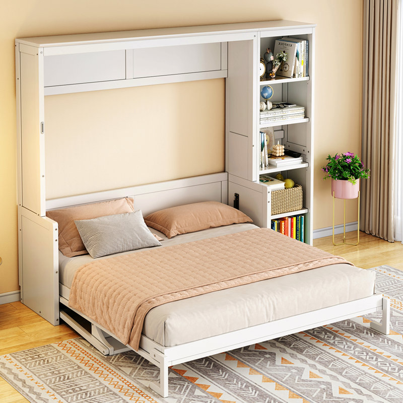 Grand lit escamotable avec bureau et bibliothèque, H 86,8 po x l 92 po x P 84,6 po, Blanc