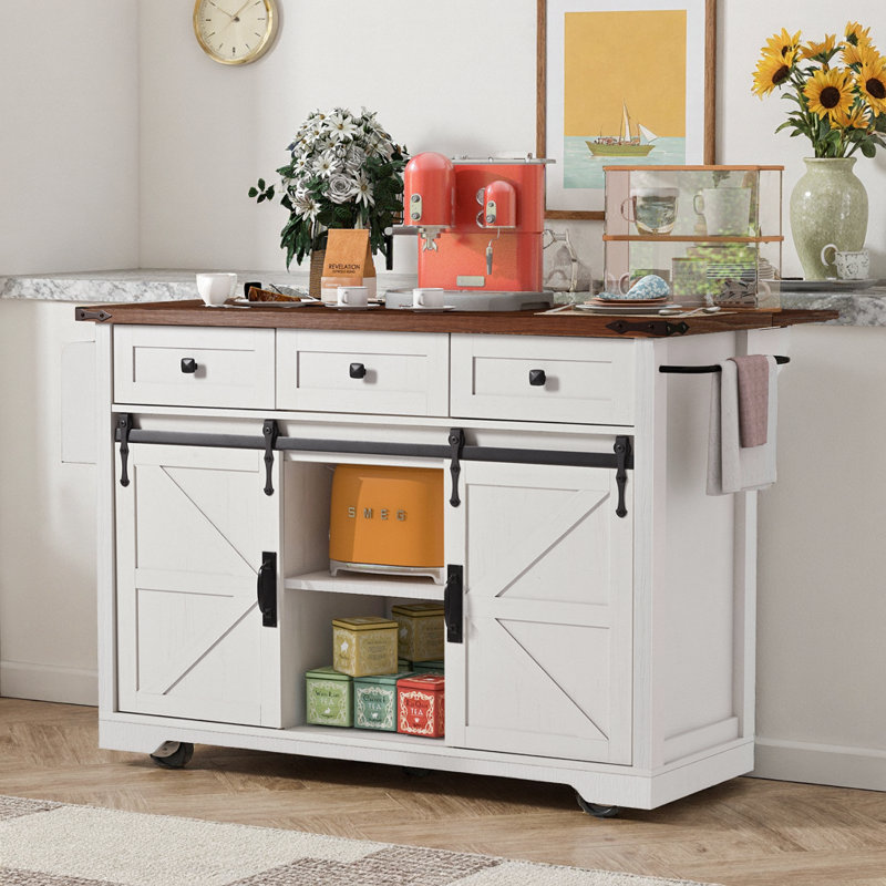 Farmhouse Kitchen Island with Power Outlet, Drop Leaf, Sliding Barn Doors & Wheels - White, White