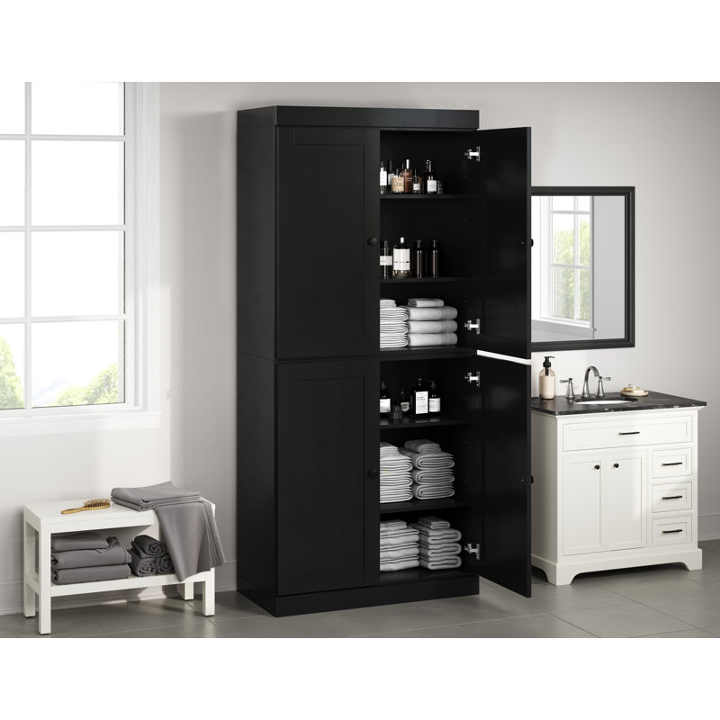 100% Solid Wood 32" Bathroom Storage Cabinet with Shaker Doors & Adjustable Shelves, Black