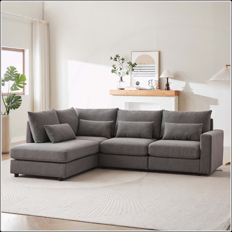 Canapé convertible en L en forme de L avec repose-pieds et coussins multiples, parfait pour le salon et le bureau, Tissu gris