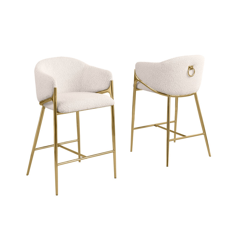Tabourets de bar en tissu Teddy Boucle, Tabouret de comptoir (siège d'une hauteur de 26 p, Siège crème / cadre doré