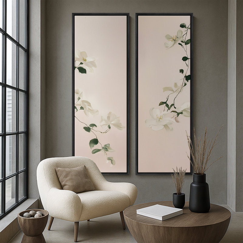 Douces branches de magnolia minimes sur fond rosé - ensemble de 2 reproductions d'art encadrées sur toile 60 po x 20 po x 2 pièces