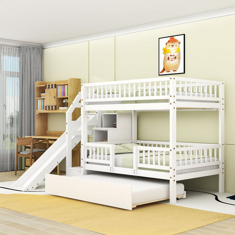Lit superposé avec escalier de rangement, glissade et lit gigogne, White