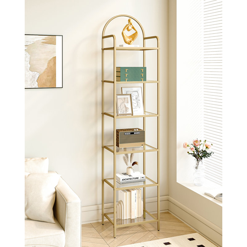 Bookcase Bookshelf, Tempered Glass Bookshelves, Slim Shelving Unit for Bedroom, Bathroom, Home Office, Steel Frame, 6 Tier Gold
