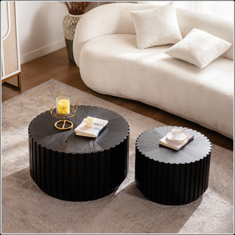 Ensemble de 2 tables basses cannelées - Tables d'appoint rondes en bois massif et en panneau de fibres à densité moyenne pour petits espaces, entièrement assemblées et élégantes