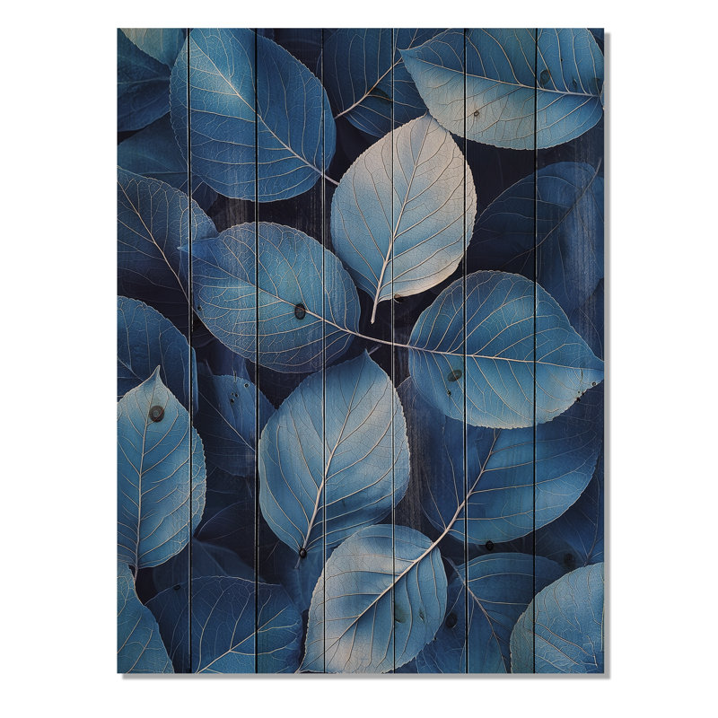 Pervenche, feuilles de bleu simplicité I - feuilles, décoration murale en bois - sur bois de pin naturel, H 44 po x l 34 po