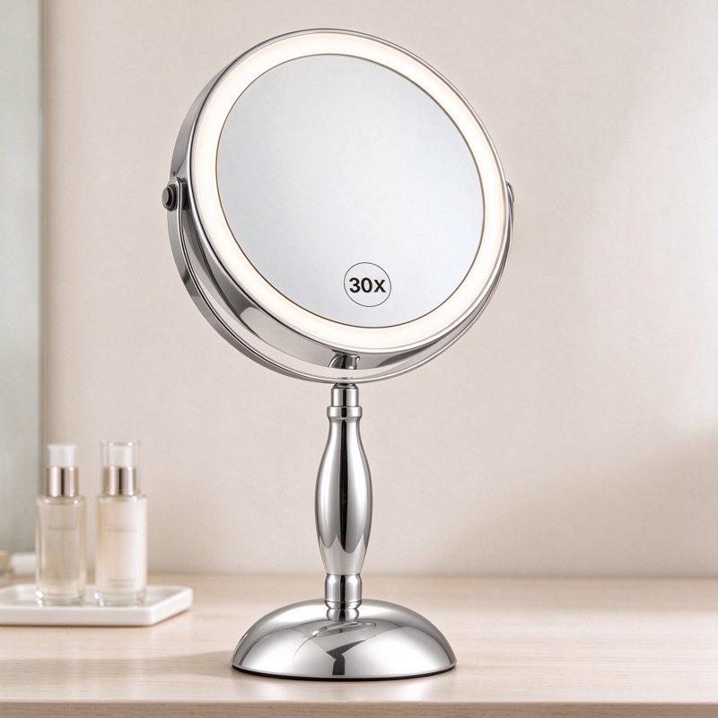 Miroir grossissant rechargeable 1x / 30x avec 3 lumières à intensité variable, miroir de maquillage rond en métal, chrome