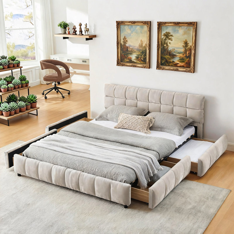 Queen Size Upholstered Bed, Beige
