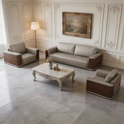 Picture color Genuine Leather 3 - Piece Living Room Set
