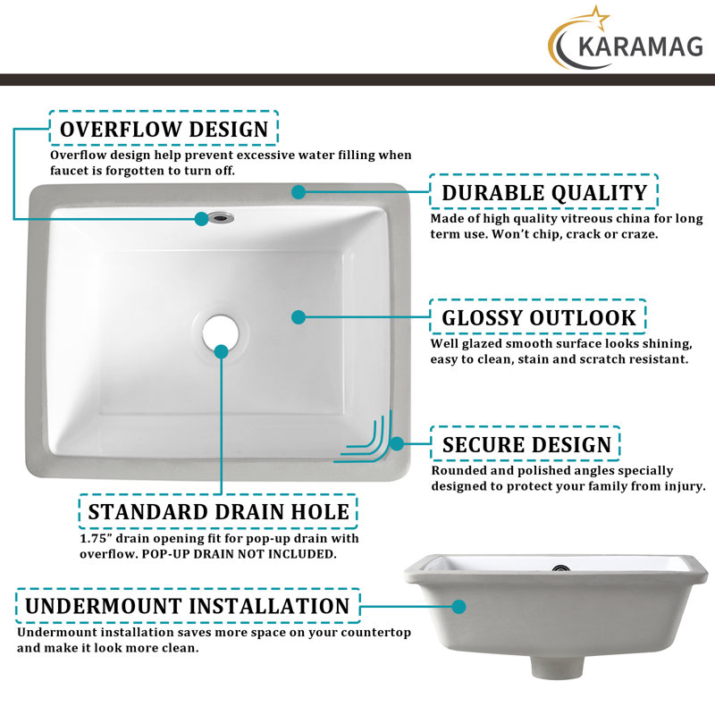 Lavabo de salle de bain encastrable rectangulaire avec trop-plein KARAMAG 