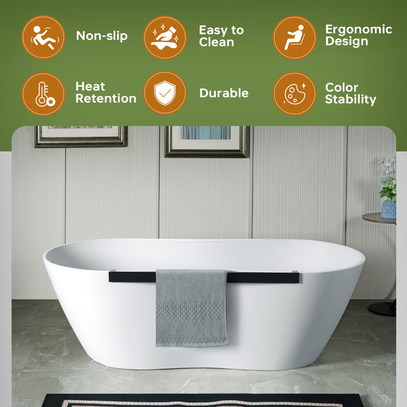 71"L x 31-1/2" W Luxury Contemporary Peanut-Shaped Solid Surface Stone Resin Freestanding Bathtub in Matte White, including Towel Rack 