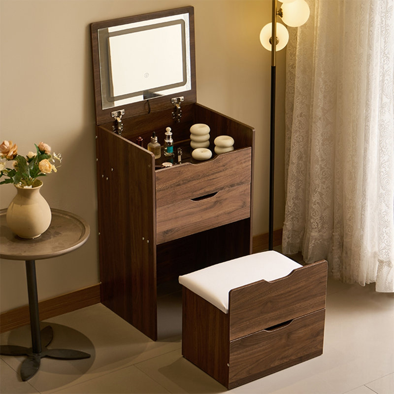 Christenia 3-in-1 Vanity Desk with Glass Top, LED Mirror & Upholstered Stool, Walnut