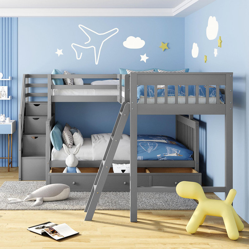 Lit superposé simple au dessus d'un lit double en L avec 3 tiroirs, échelle et escalier - Gris