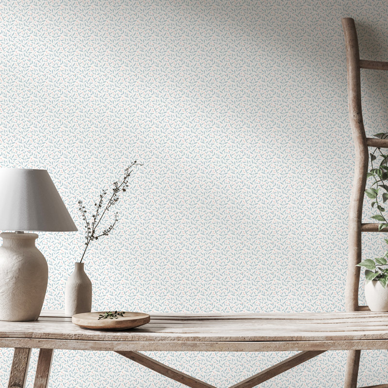 Dotty Vine - Stone 10m Wallpaper, Blue Dots