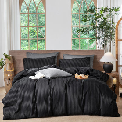 Ensemble de housse de couette à rayures 100% coton lavé MooMee