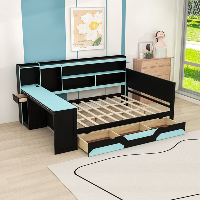 Lit de jour à trois tiroirs en bois avec ports de charge USB, bureau et lumières, Queen, Black Blue