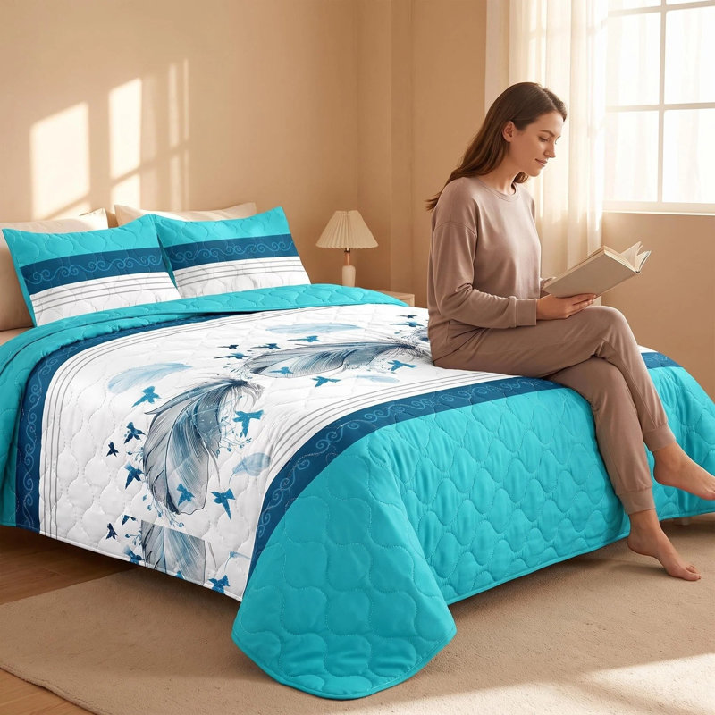 Ensemble de couvre-lit réversible 3 pièces en microfibre turquoise à motifs de plumes et d'oiseaux avec 2 taies d'oreiller