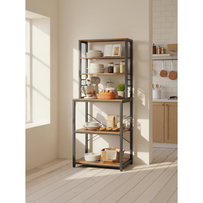 Kitchen Storage Rack, 6-Tier Microwave Stand with Shelves and Hooks, for Coffee Bar, Brown and Black