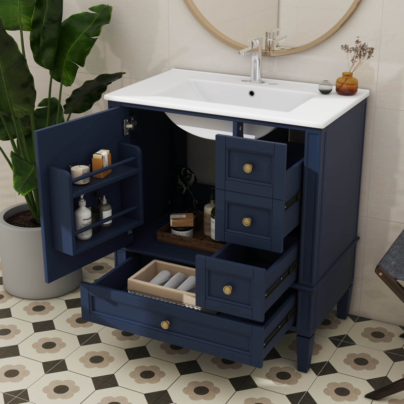 Armoire de meuble-lavabo autoportante moderne 30 "avec lavabo 3 tiroirs 1 porte, Bleu