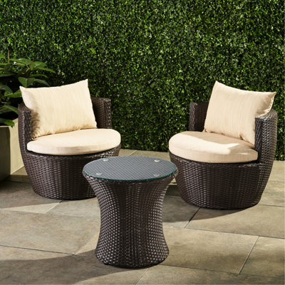 3Pc Pe Outdoor Chat Furniture In Brown+Beige - Aluminium, Cushion Accented Seating Arrangement, 28.2 In. Depth, Width, 22.82 Height, 41.64 Lb Weight Chairs,