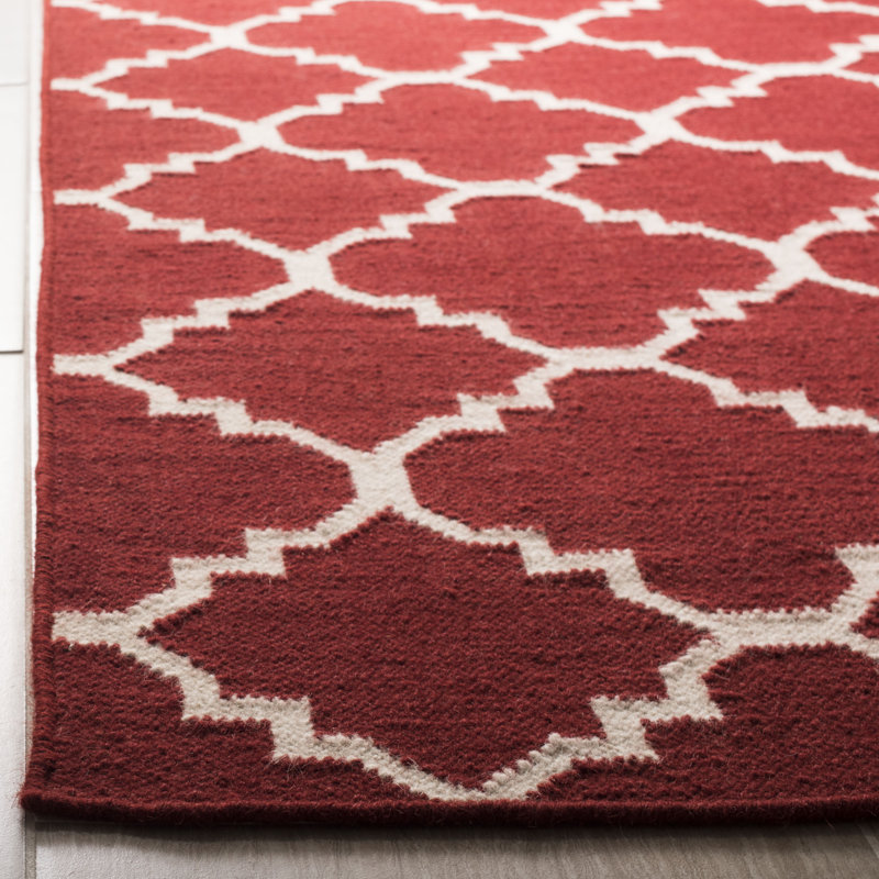 Rodgers Hand Woven Flat Weave Wool/Cotton Geometric Rug in Red/Ivory, Rectangle 3' x 5'
