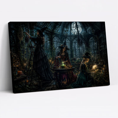 «Three Witches Brewing Green Potion in Moonlit», art mural sur toile