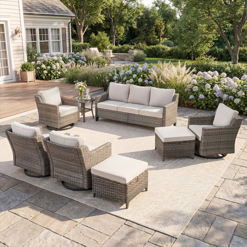 Arlene 8-Piece Outdoor Courtyard Wicker Sofa & Multi Rotating Chair Conversation Set With Side Table, Beige