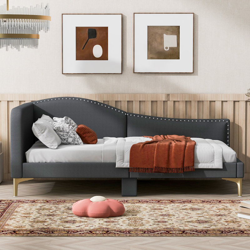 Lit de jour simple tapissier avec tête de lit et accoudoirs, pieds de support, gris, Gris