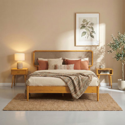 NTC Lupin Solid Wood Platform Bed with Headboard and Silent Slats, Mid-Century Modern Style, 1000 lb Weight Capacity, Effortless Assembly, Queen - Rustic Oak
