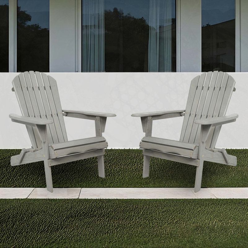 Set of 2 Solid Cedar Wood Embossed Folding Adirondack Chairs, Light Gray
