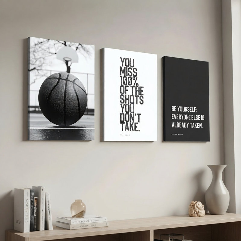 Impression sur toile 3 pièces noir et blanc Basketball, 18 x 12 pouces 3 pièces