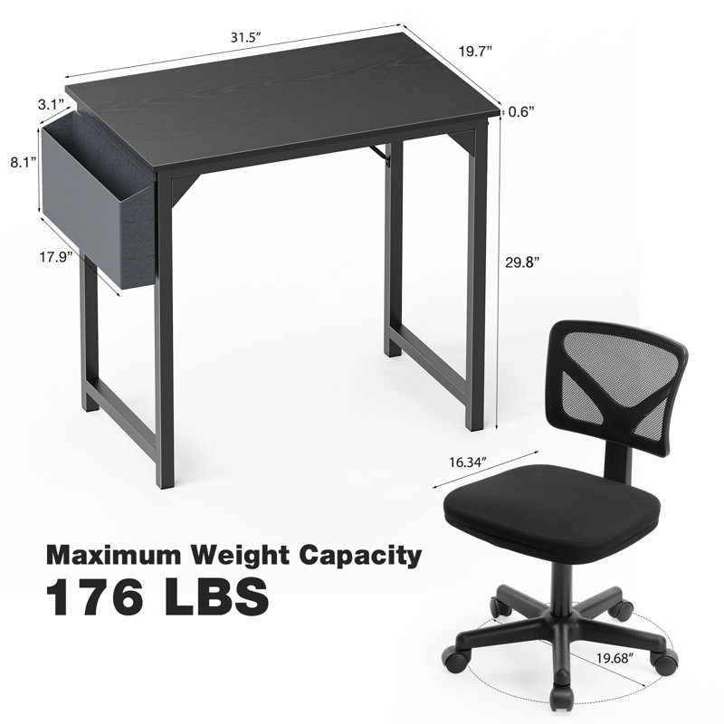 Bureau d'écriture avec base en métal et chaise de travail, Noir, noir, noir, noir