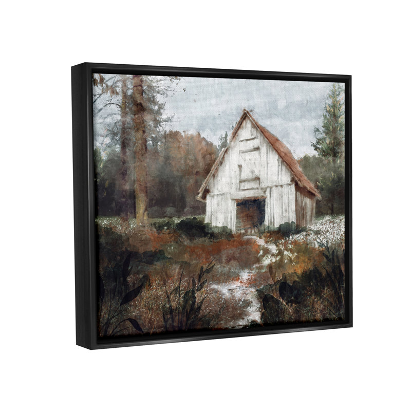 «Quiet Woodland Cabin Landscape» par Nina Blue, Cadre flottant noir de jais, H 17 po x l 21 po x P 1,7 po